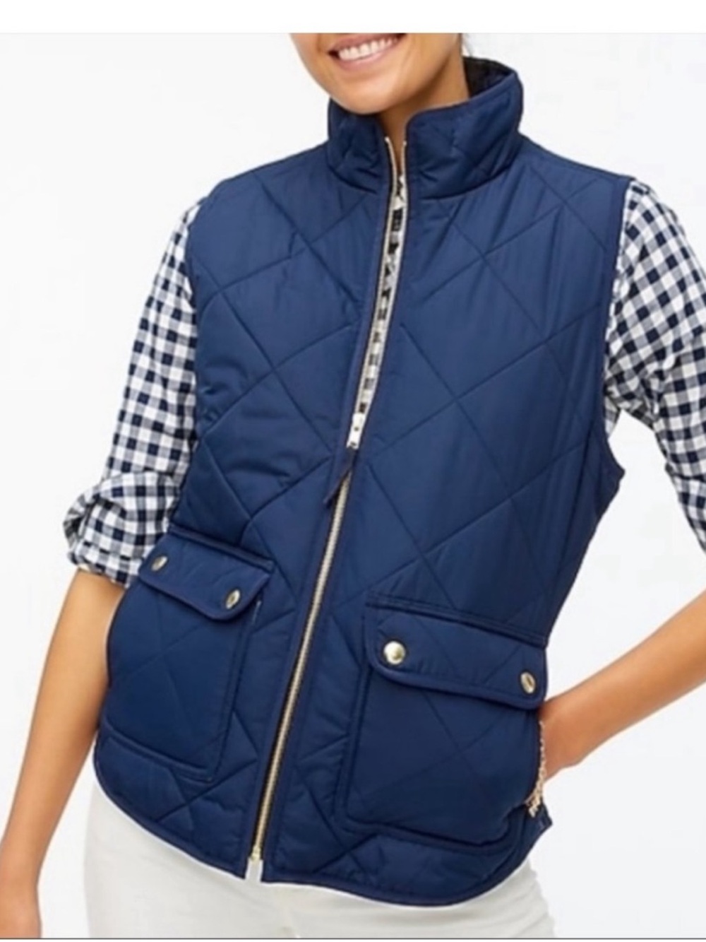 J Crew Women's Quilted Vest Navy Blue Full Zip Size Large Front
Pockets Buttons